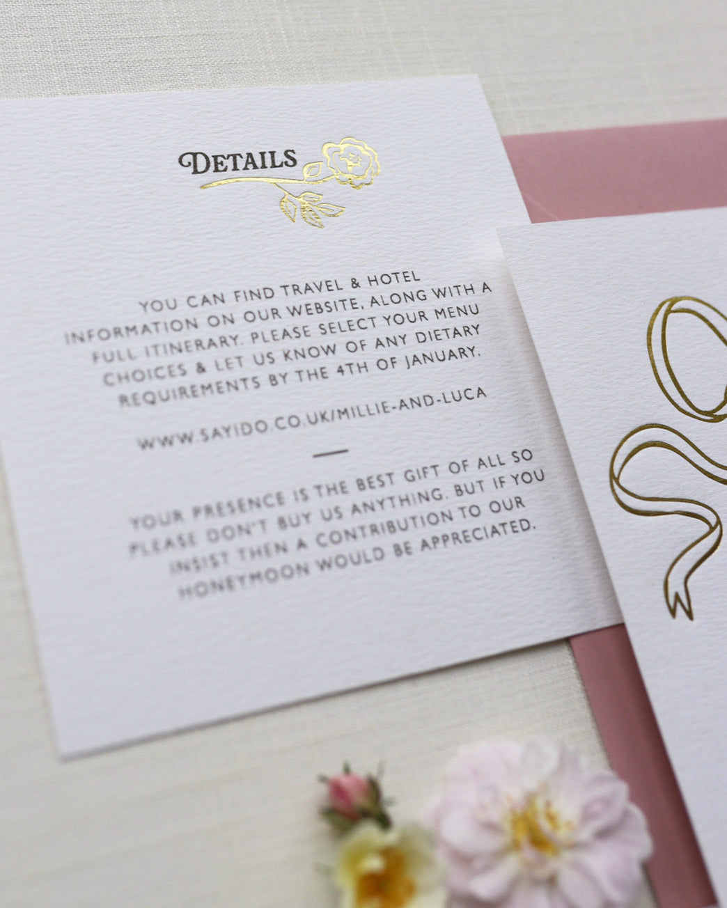 Wedding Details Card featuring a rose steam design, foiled onto thick textured card with couples names and information printed in a soft brown colour. Designed by Fancy Folk Wedding Stationery