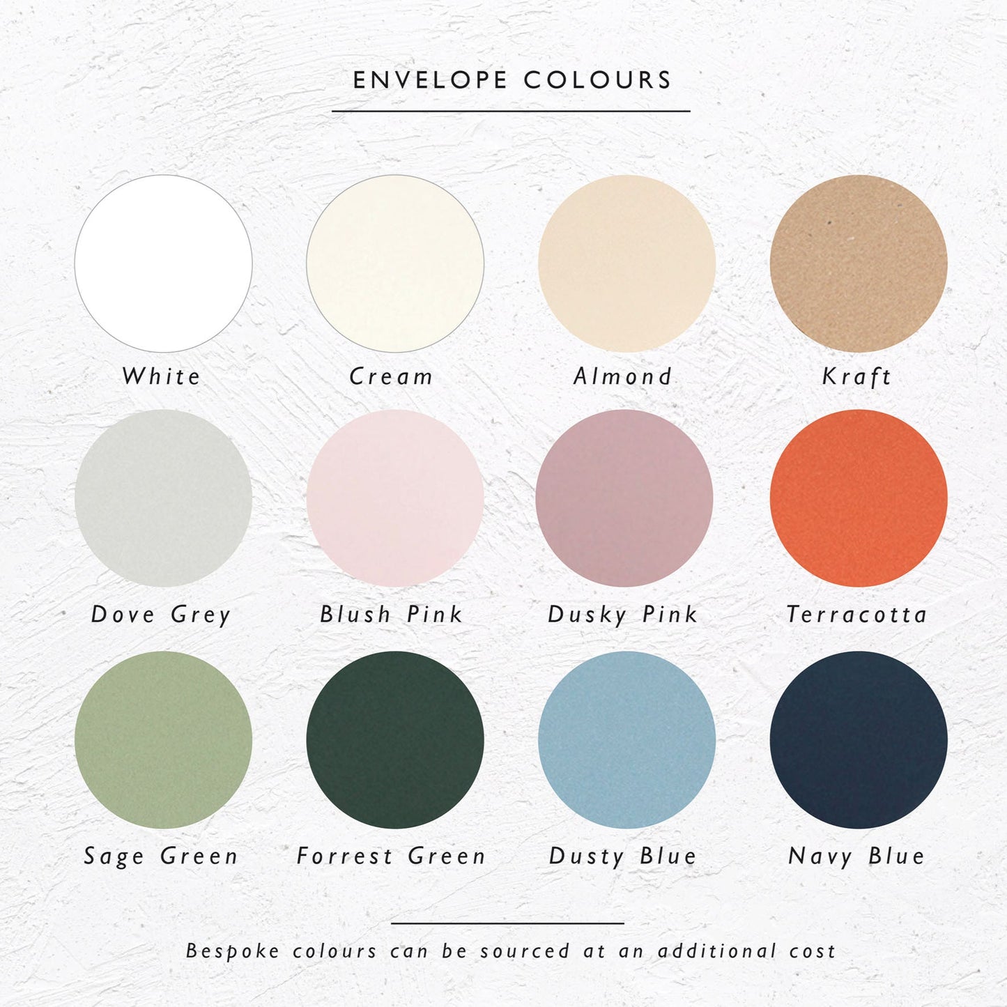 Wedding stationery envelope colour options. Top row: white, cream, almond, kraft. middle row: dove grey, blush pink, dusky pink, terracotta. Bottom row: sage green, forrest green, dusty blue, navy blue. All colours come as standard with any Fancy Folk wedding stationery.