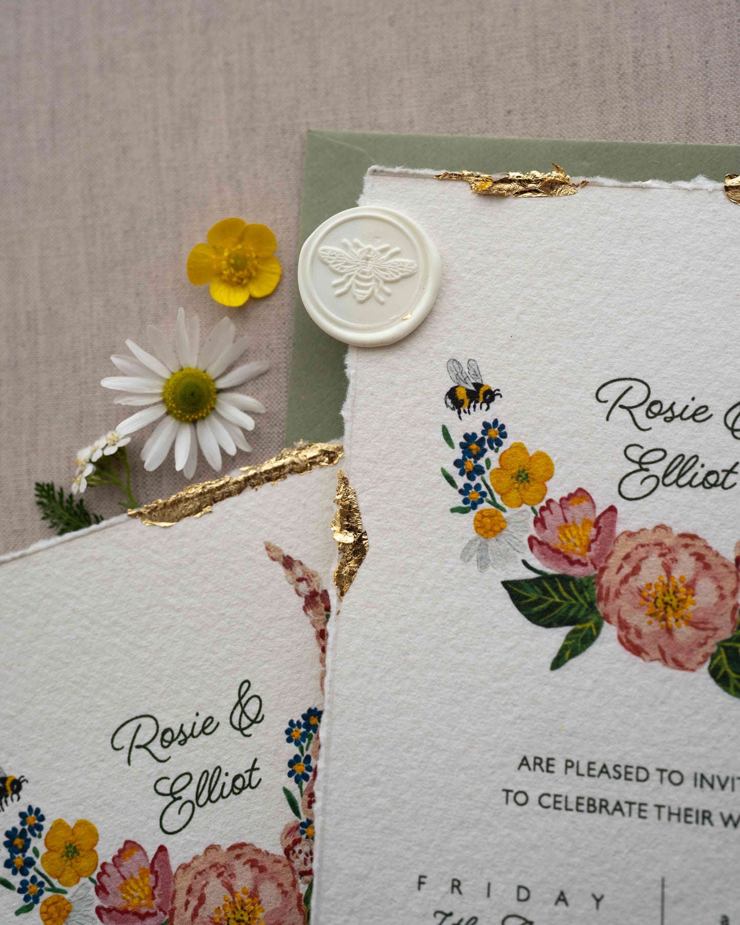 Close up of bee wax seal and gold leaf details. Hand painted wild flowers and bee on Indian cotton paper with romantic torn edges. Fancy Folk Design
