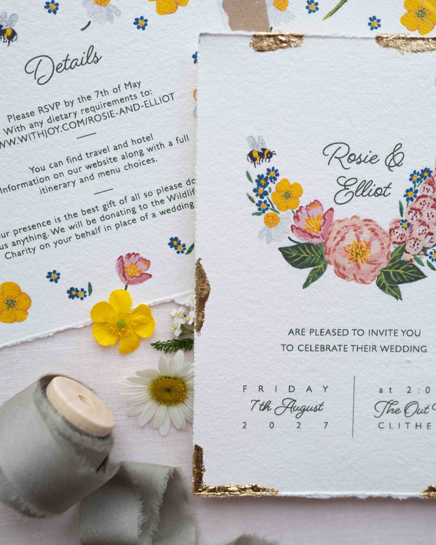 Watercolour hand painted florals of meadow flowers and a little bee make up a posy. Couples names are nestled in the floral. Printed on handmade Indian cotton paper with gold leaf accent. Fancy Folk Design