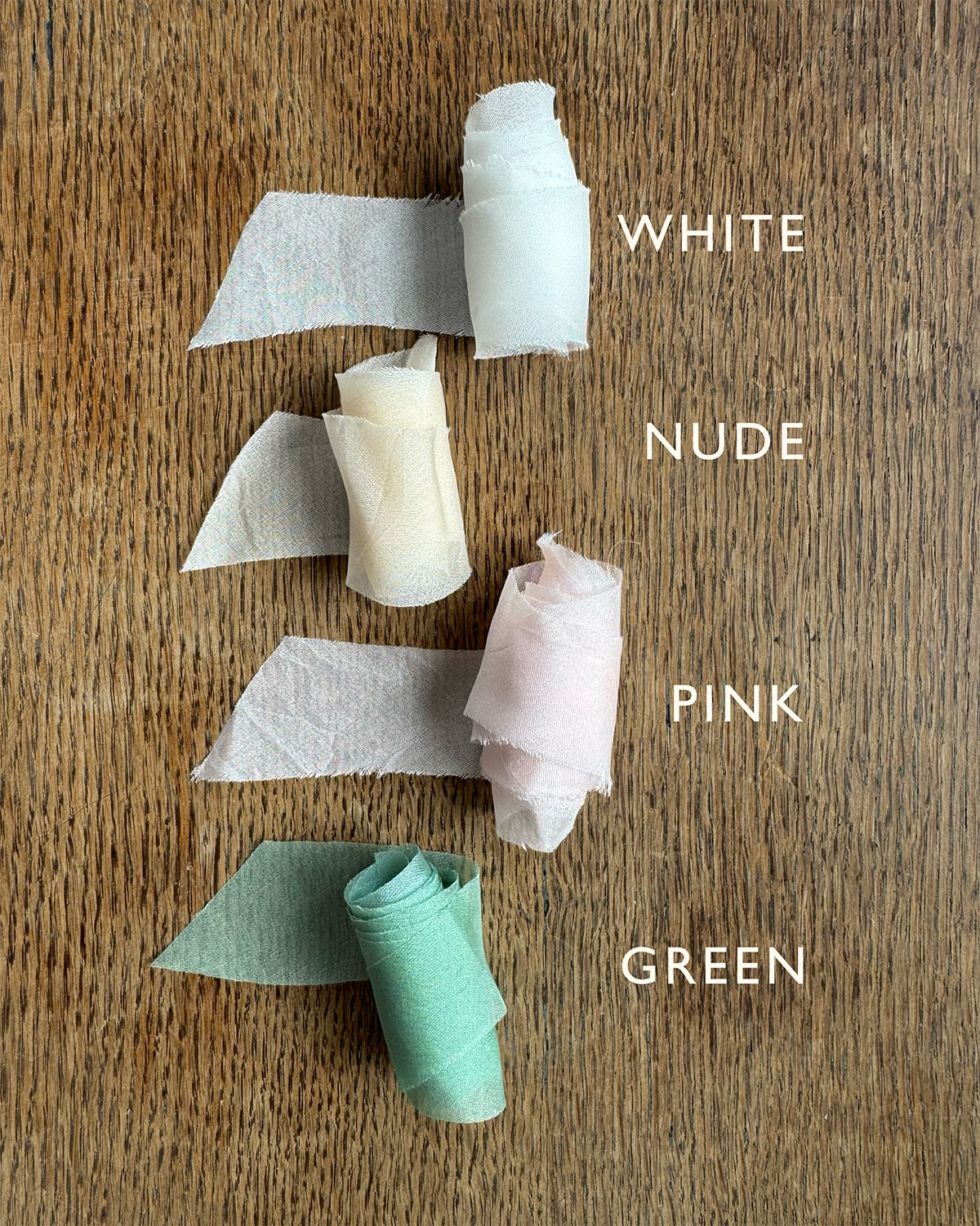 Italian silk Ribbon for weddings. Colour options guide, White, Nude, Pink and Green. Fancy Folk