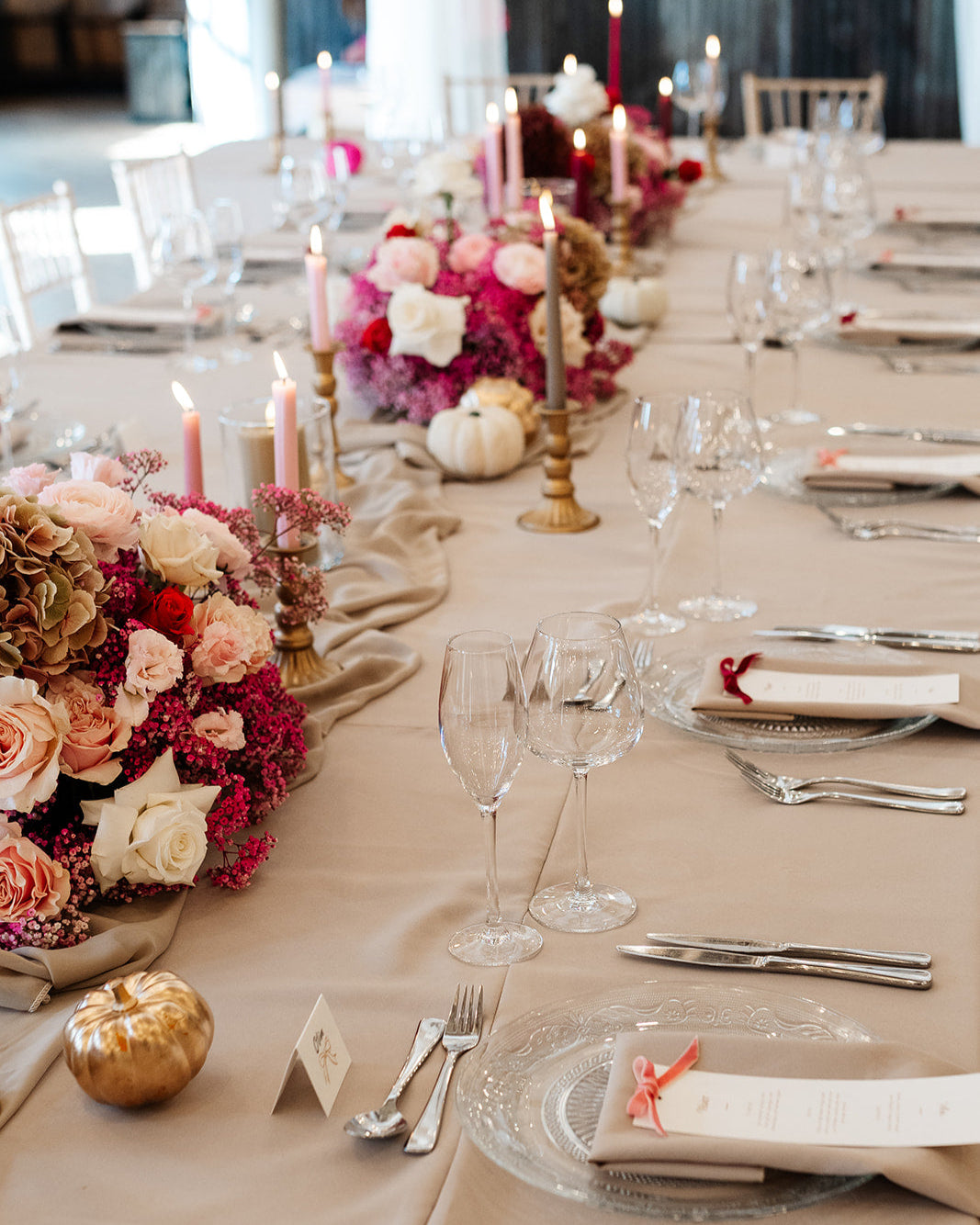 pink table setting, blush & burgundy velvet bow wedding breakfast menu, fancy folk wedding stationery