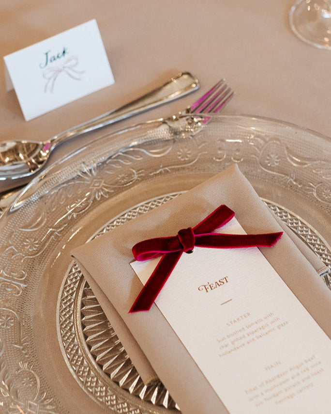 burgundy velvet bow wedding breakfast menu, fancy folk wedding stationery