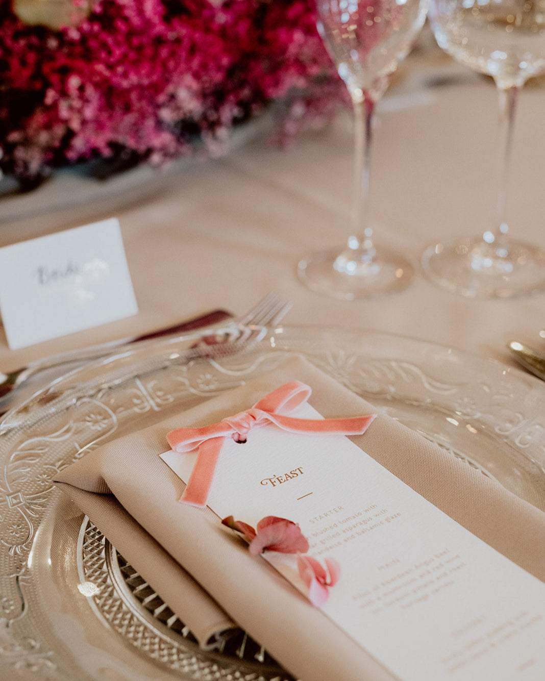 pink velvet bow wedding breakfast menu, fancy folk wedding stationery