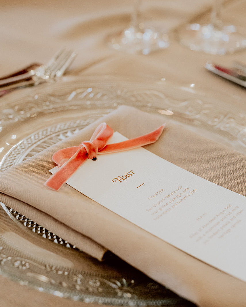 pink velvet bow wedding breakfast menu, fancy folk wedding stationery