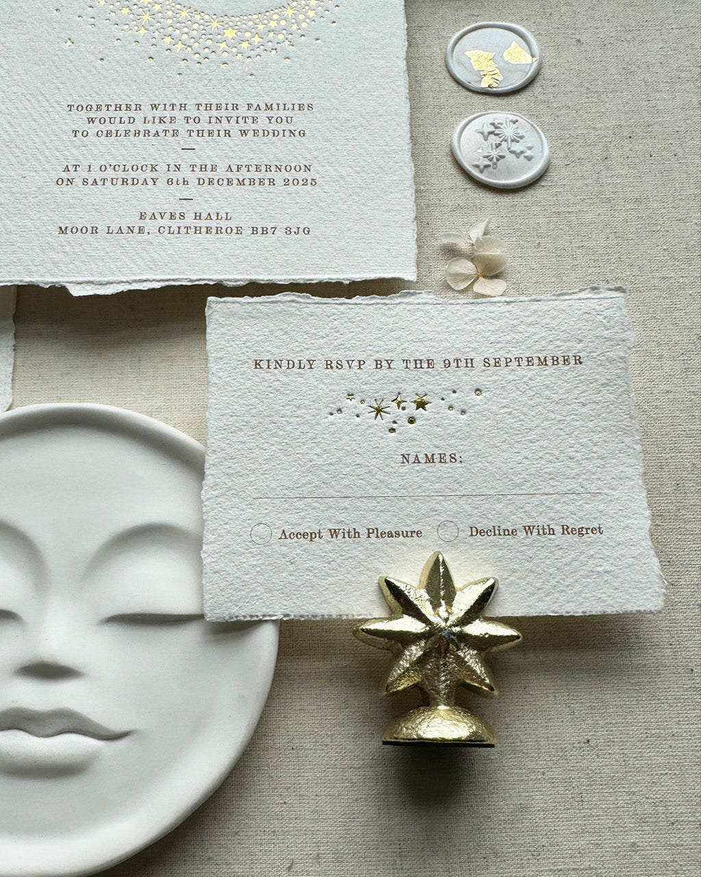 Celestial themed wedding RSVP card. A truly magical scatter of little stars is hot foiled in gold on onto tactile handmade paper with a torn romantic edge. FancyFolk Design