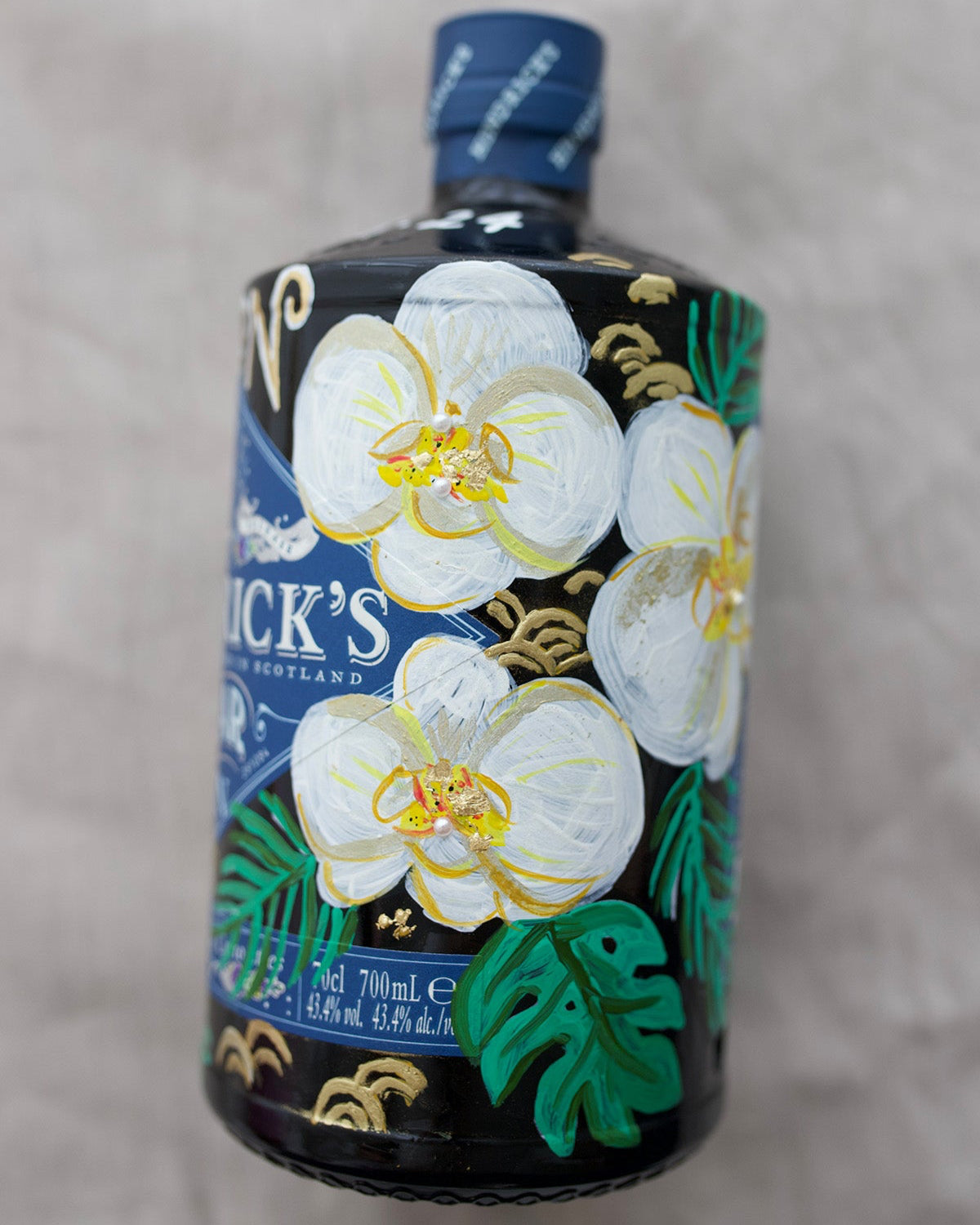Wedding Gift. Hand painted bottle with orchid flowers. Embellished with gold leaf and pearls. Personalised with wedding date and couples initials. Gatsby inspired design.