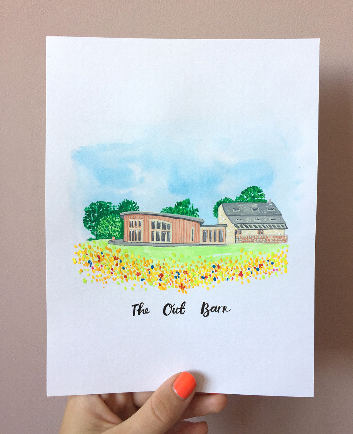 Wedding venue illustration of The Out Barn in Clitheroe. A beautiful round barn building nestled in a wildflower meadow. A perfect wedding or anniversary gift, hand painted and framed. Fancy Folk.