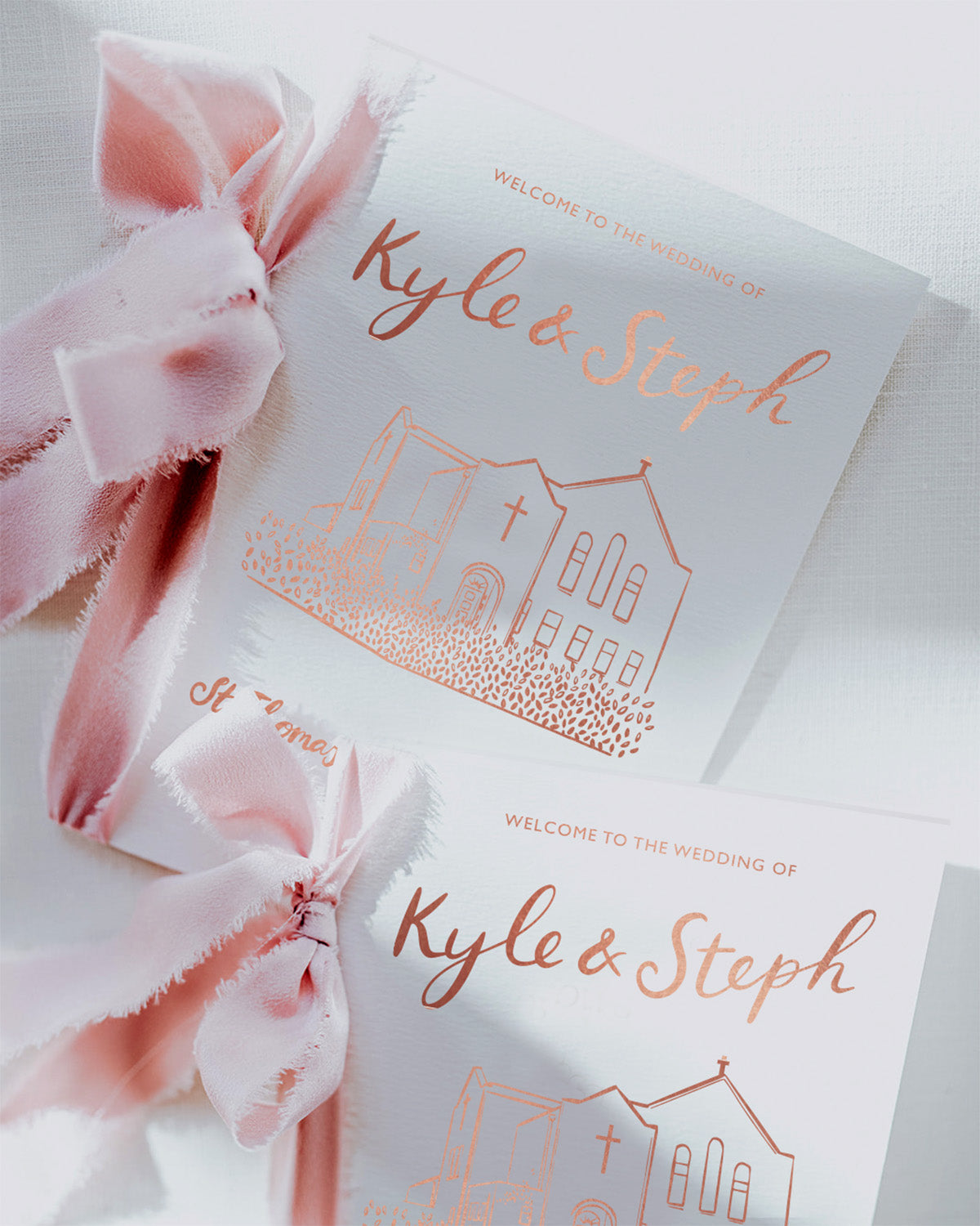 wedding venue illustrated of a church in a line drawing style printed in rose gold foil. Venue illustration is used on order of service church booklets.Fancy Folk