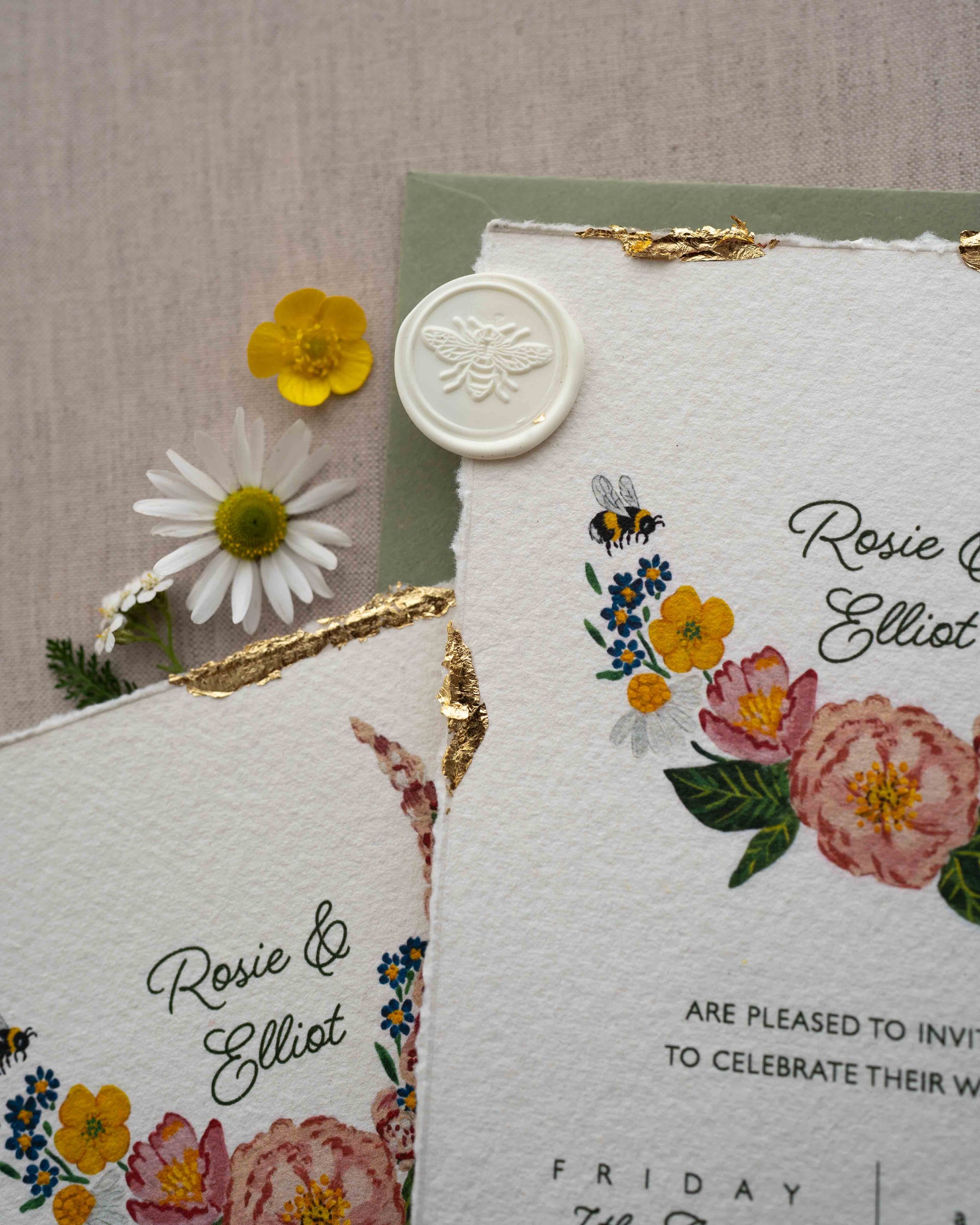 Close up of bee wax seal and gold leaf details. Hand painted wild flowers and bee on Indian cotton paper with romantic torn edges. Fancy Folk Design