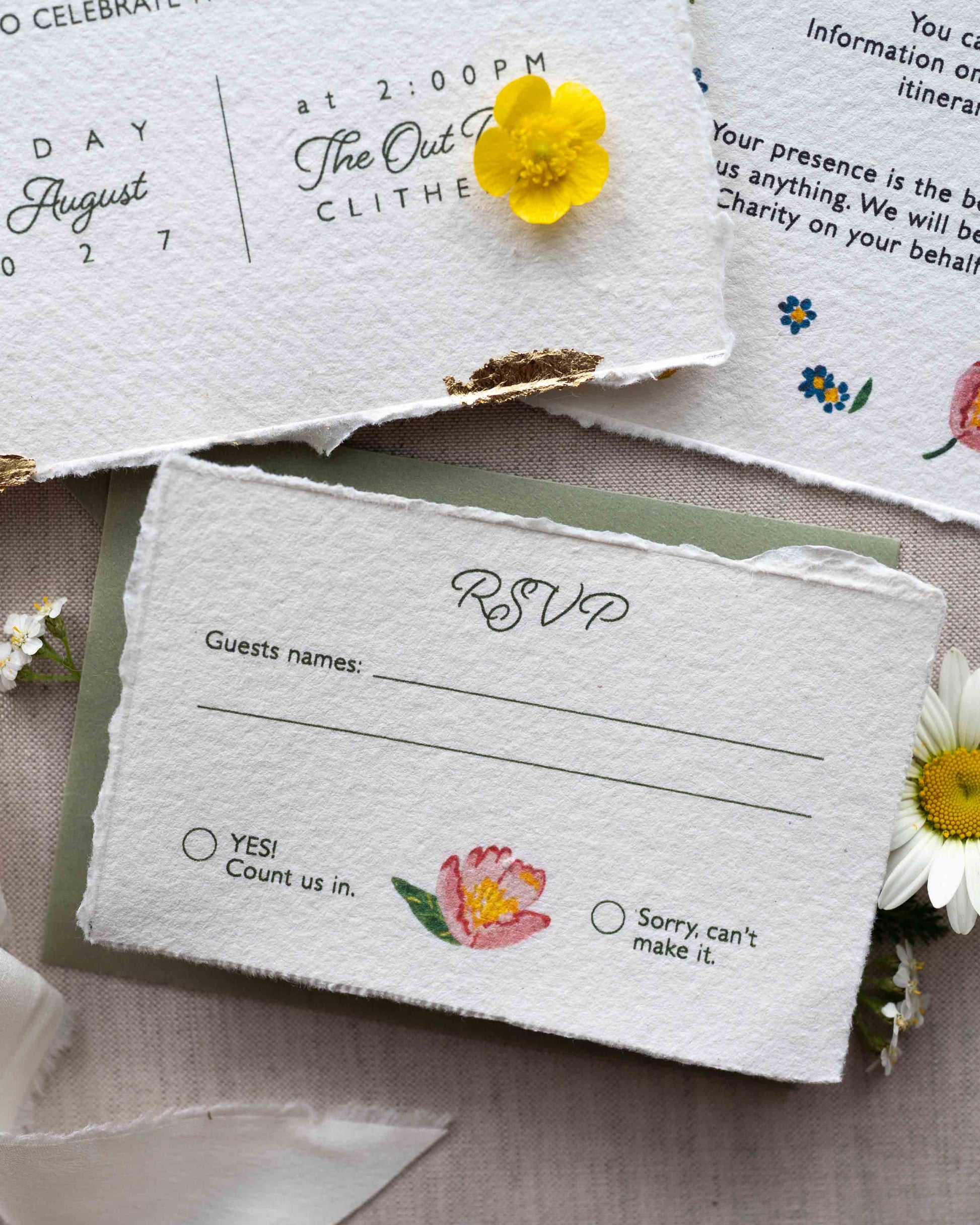 Watercolour hand painted florals of meadow flowers are nestle at the bottom of the RSVP card. Information is printed above on handmade Indian cotton paper. Fancy Folk Design