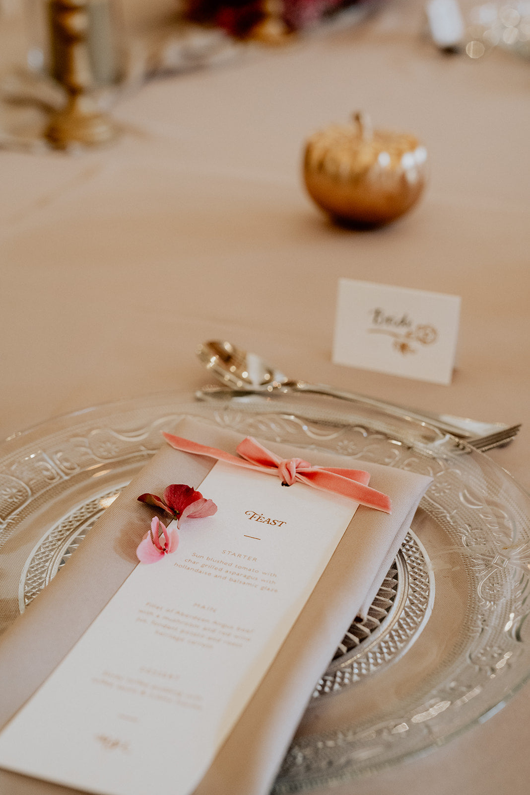 blush velvet bow wedding breakfast menu, fancy folk wedding stationery