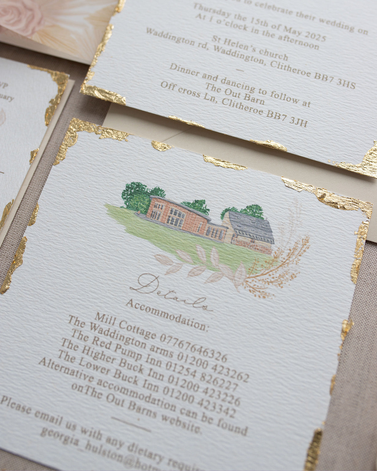 Wedding venue illustration of The Out Barn in Clitheroe. A beautiful round barn building nestled in a wildflower meadow. Used on a details card. Fancy Folk.