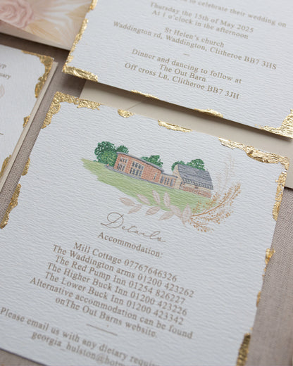Wedding venue illustration of The Out Barn in Clitheroe. A beautiful round barn building nestled in a wildflower meadow. Used on a details card. Fancy Folk.