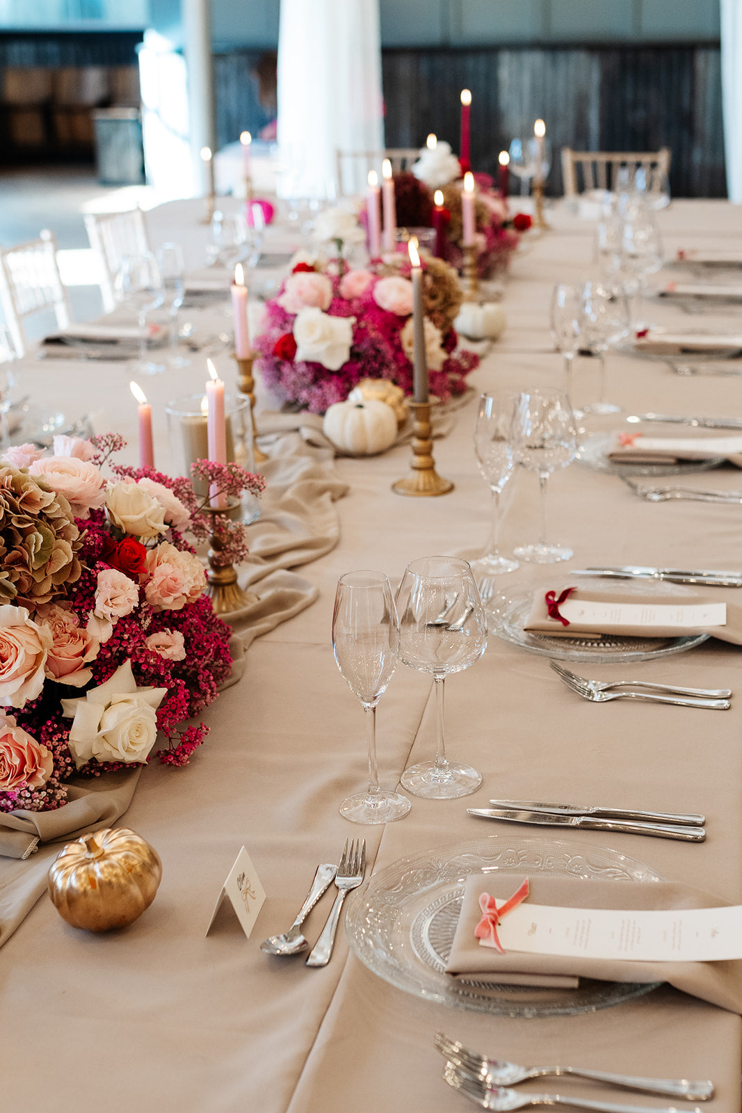 pink table setting, blush & burgundy velvet bow wedding breakfast menu, fancy folk wedding stationery