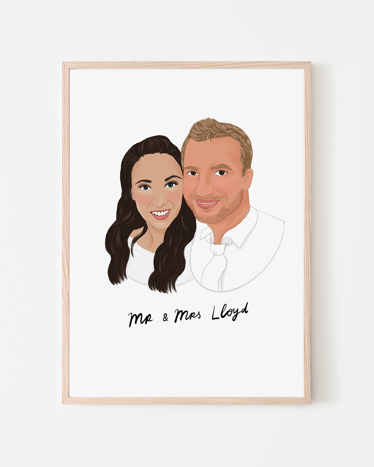 Painted couple portrait illustration of a bride and groom with mr and mrs text. Wedding and anniversary gift. Fancy Folk