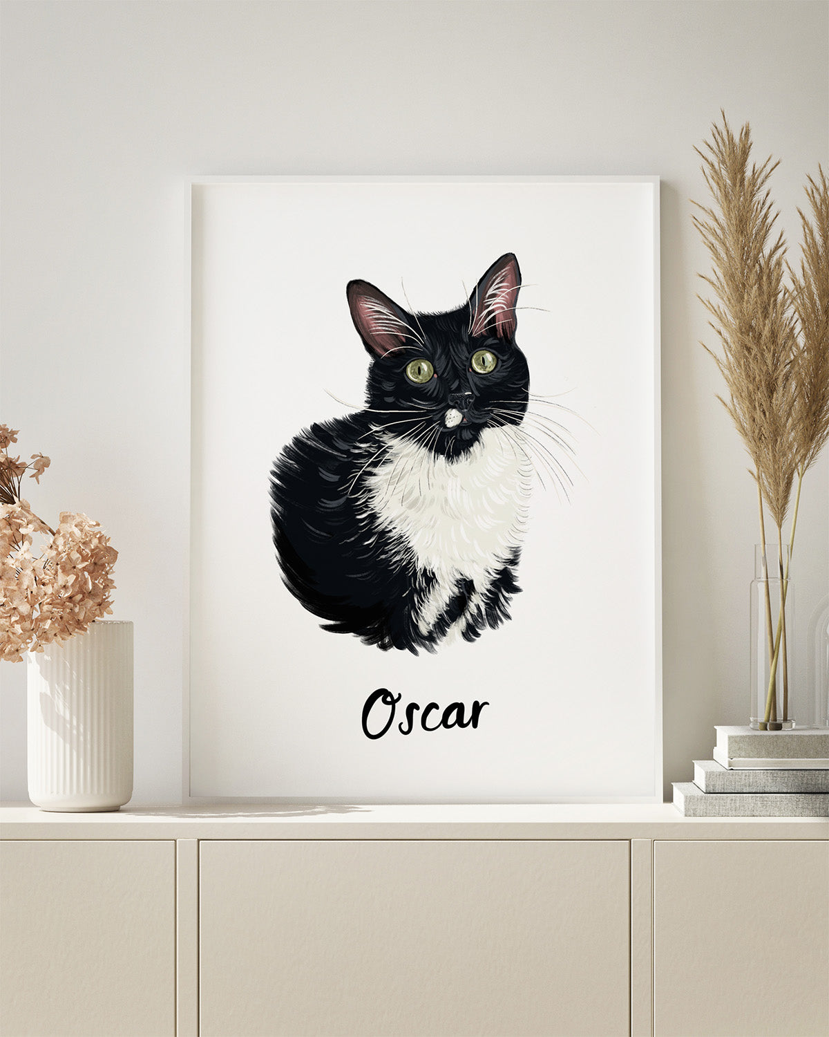 framed pet portrait of a black and white cat named Oscar. Wedding gift. Fancy FOlk