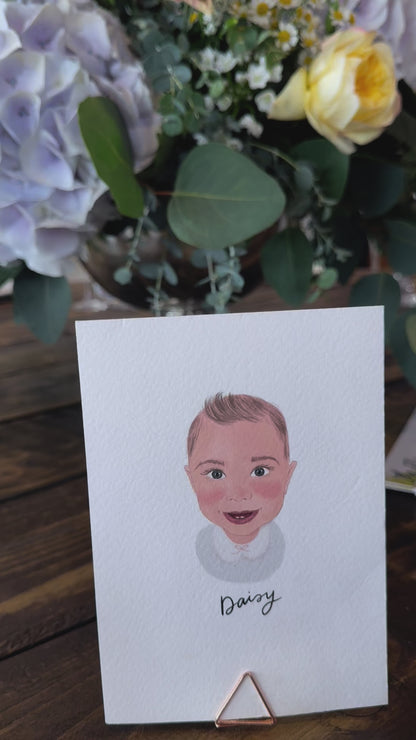 Illustrated wedding portrait of the guests used as a table place card. Surrounded by florals. Fancy Folk.