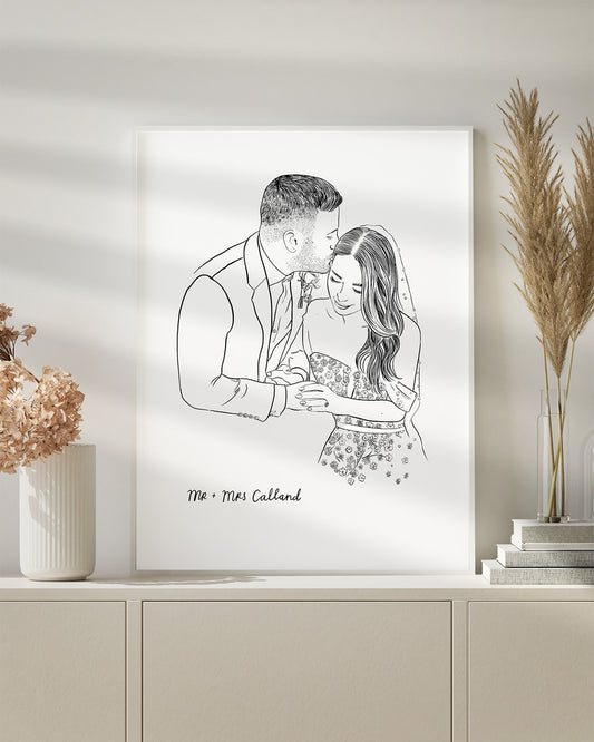 black and white couple portrait illustration of a bride and groom with mr and mrs text. Wedding and anniversary gift. Fancy Folk