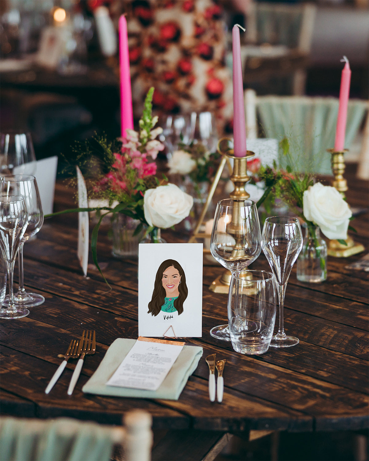 Illustrated wedding portrait of the bridesmad as a table place card. Surrounded by florals. Fancy Folk.