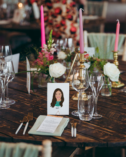 Illustrated wedding portrait of the bridesmad as a table place card. Surrounded by florals. Fancy Folk.