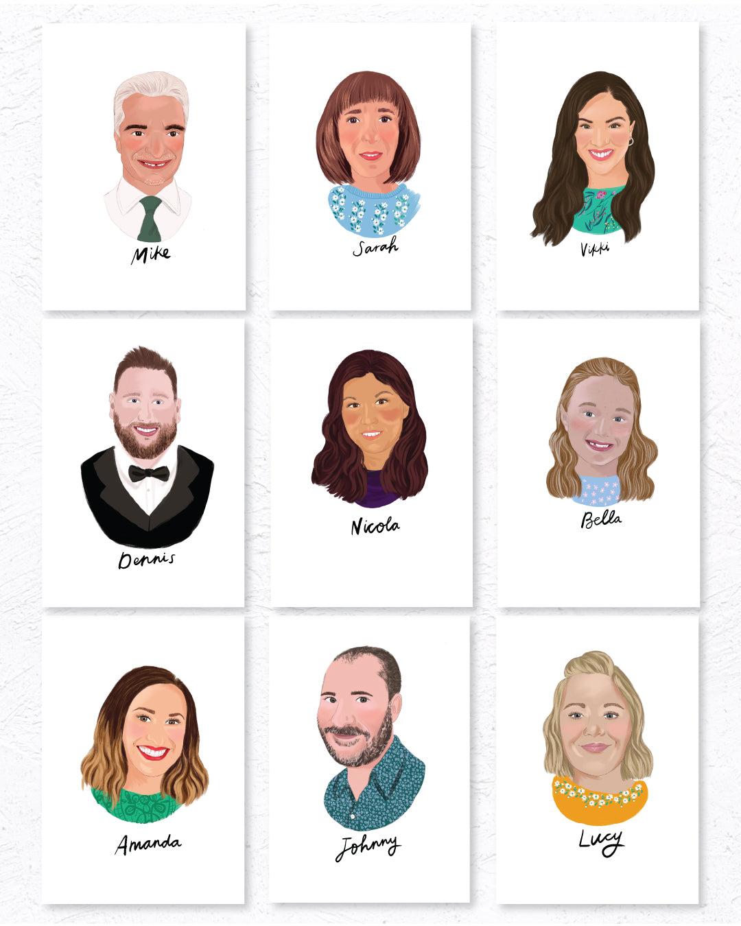 Illustrated wedding portrait of the guests used as a table place card. Surrounded by florals. Fancy Folk.
