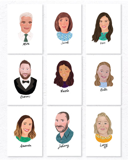Illustrated wedding portrait of the guests used as a table place card. Surrounded by florals. Fancy Folk.