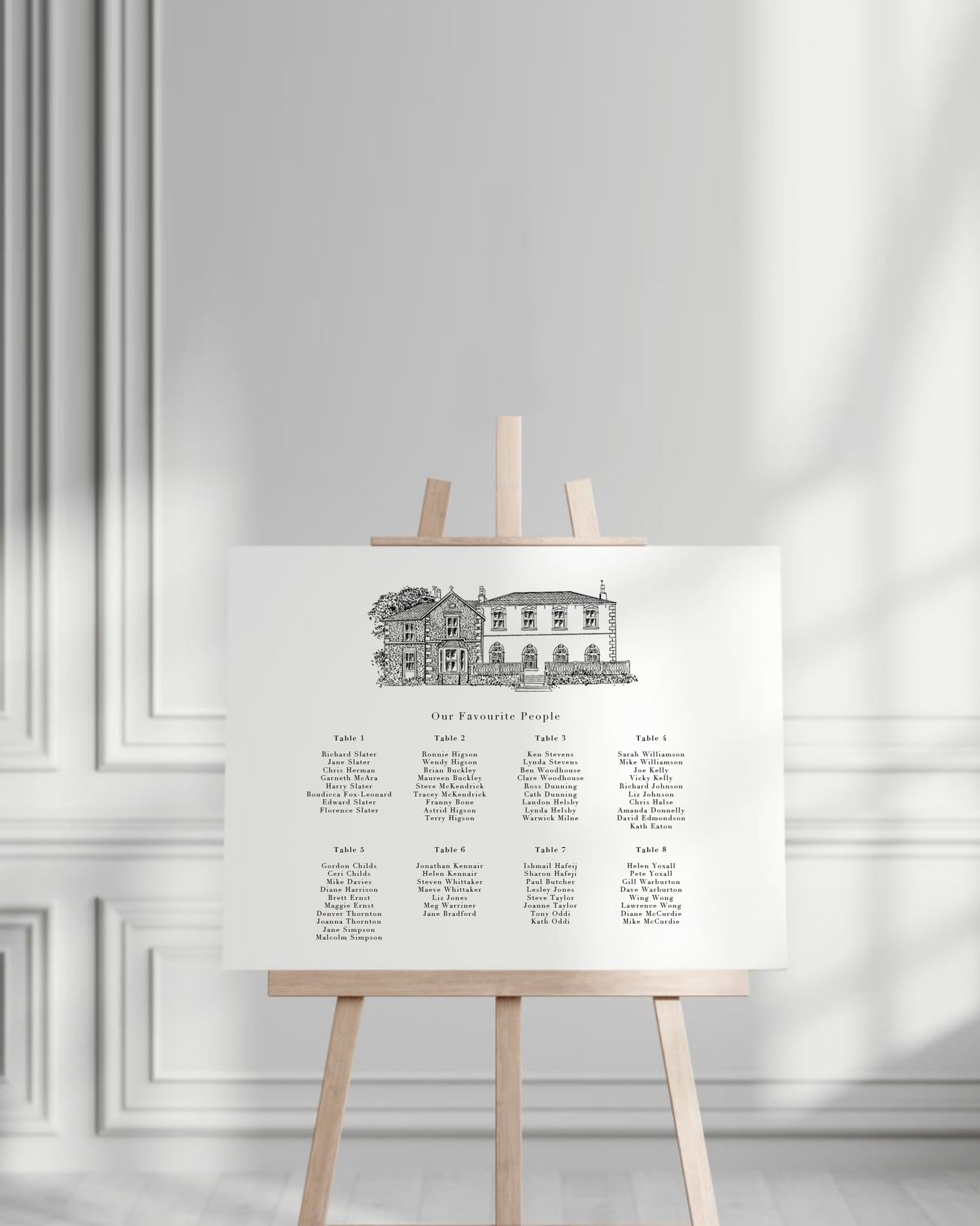 wedding venue illustrated in a line drawing style printed on a large seating plan board. Placed on an easel. Fancy Folk