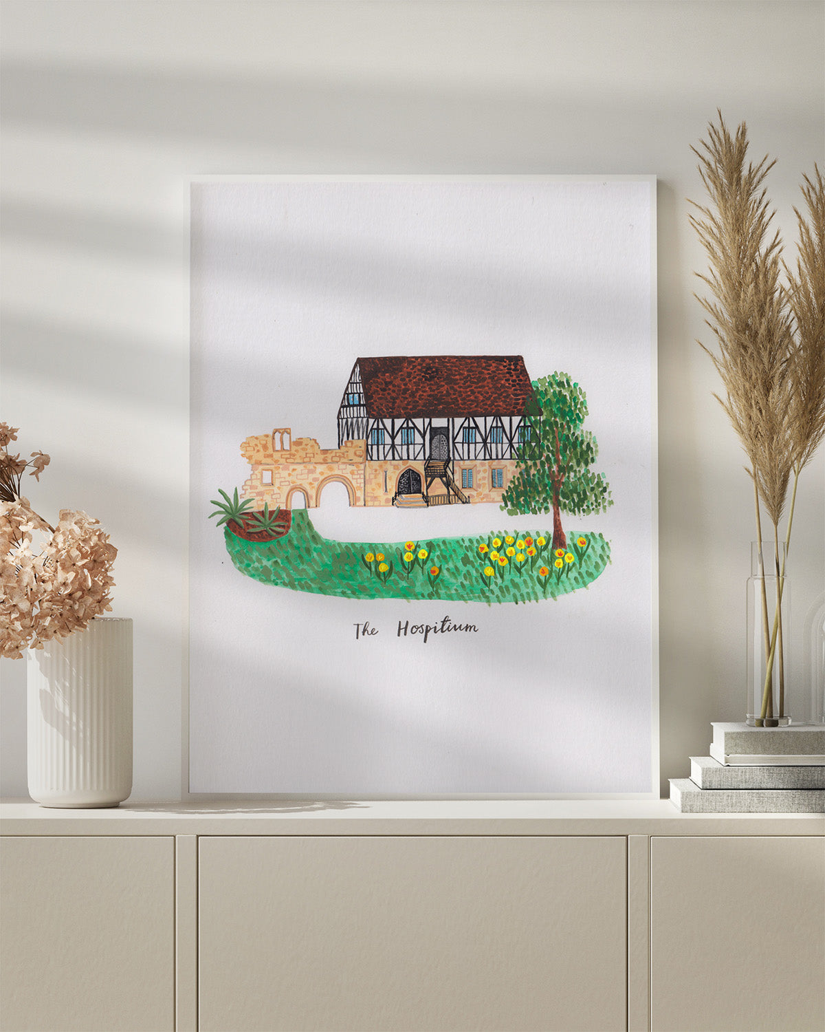 Wedding venue illustration of The Hospitium in York. A beautiful Tudor building with ancient ruins. A perfect wedding or anniversary gift, hand painted and framed. Fancy Folk.